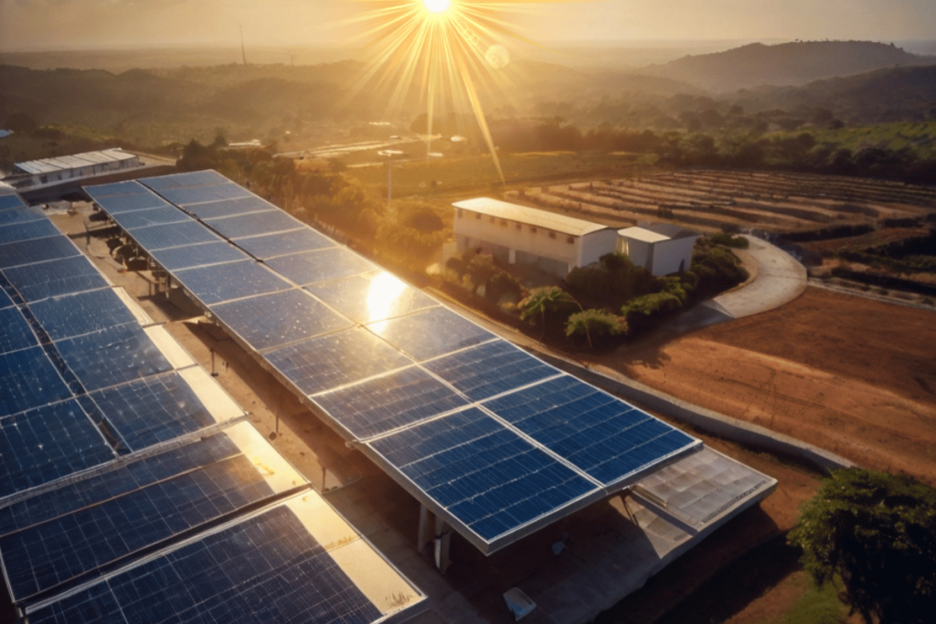 Energia Solar Fotovoltaica sendo gerada em uma fazenda.